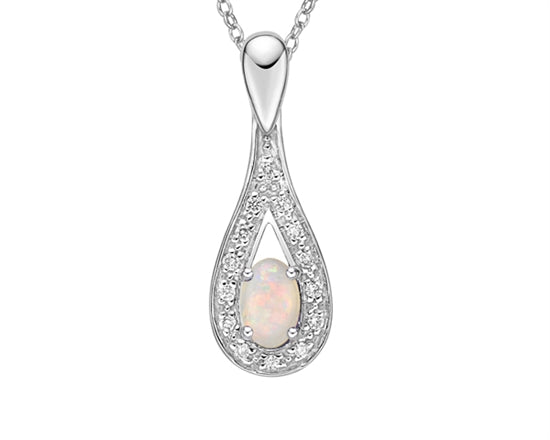 10K White Gold 6x4mm Oval Cut White Opal and 0.095cttw Diamond Pendant - 18 Inches