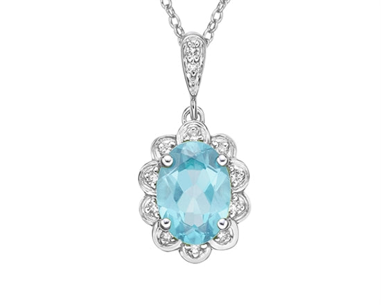 10K White Gold 8x6mm Oval Cut Swiss Blue Topaz and 0.054cttw Diamond Necklace - 18 Inches