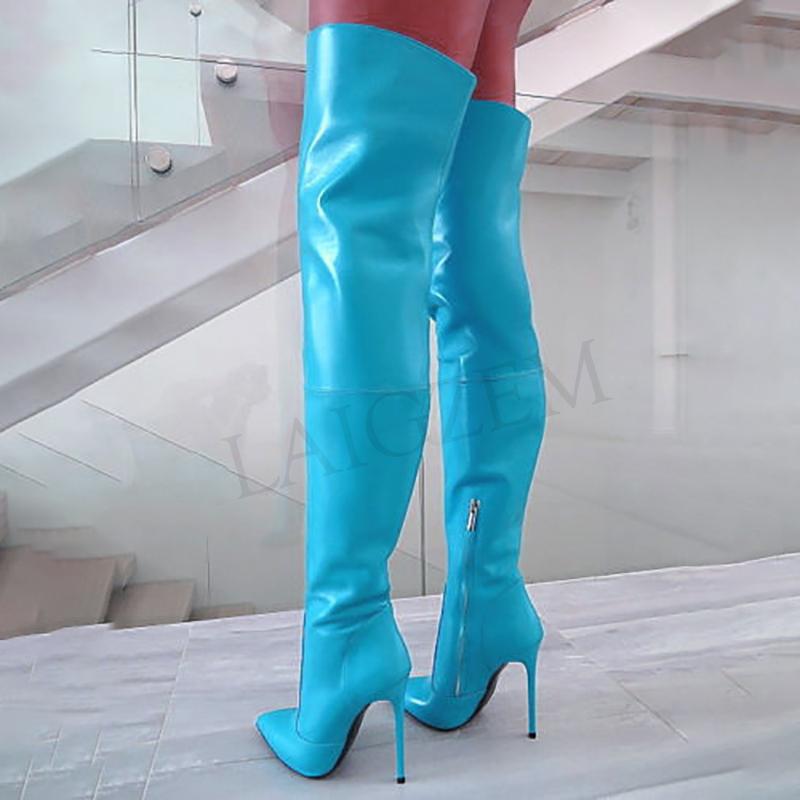 blue leather thigh high boots