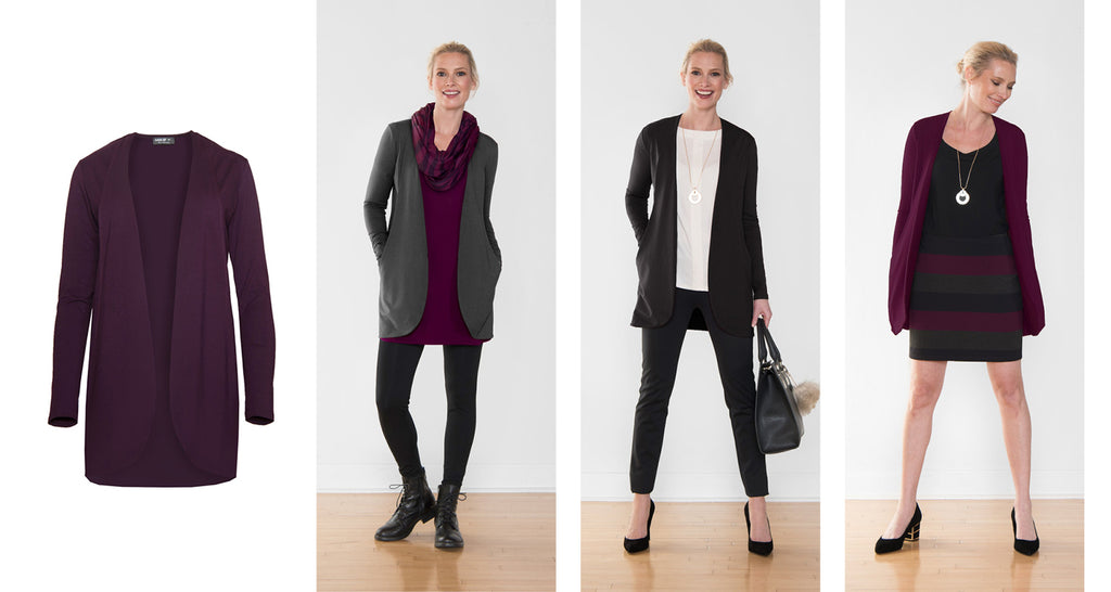 Polly cardigan shown in 3 different outfits
