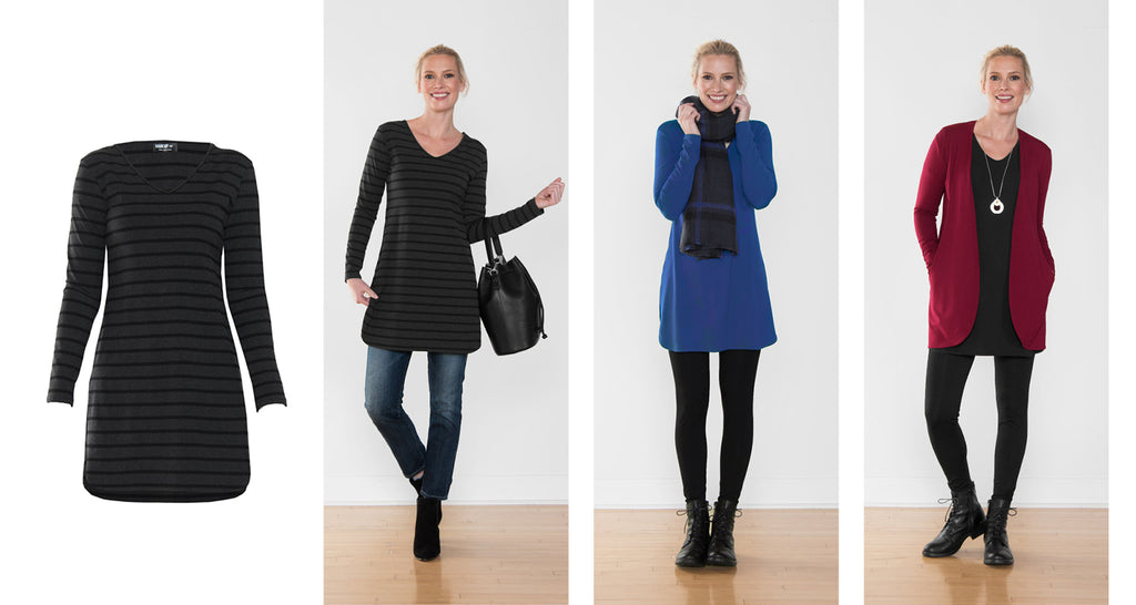 Suzi tunic shown in 3 different outfits