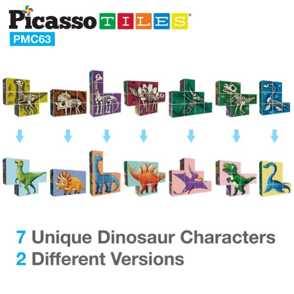 PicassoTiles 63 Piece Dinosaur Magnetic Cube Mix & Match Sensory Toy Kit PMC63