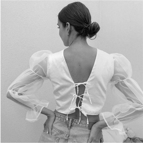 Women Fashion Lace Mesh Sheer See Through Puff Long Sleeve Tops Shirts Lace Up V Neck Casual 6822