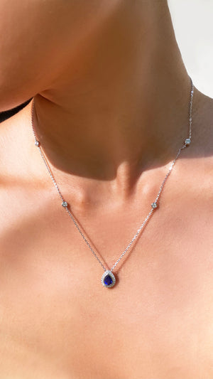 Emile Sapphire Blue Pear Borderset Pendant Necklace