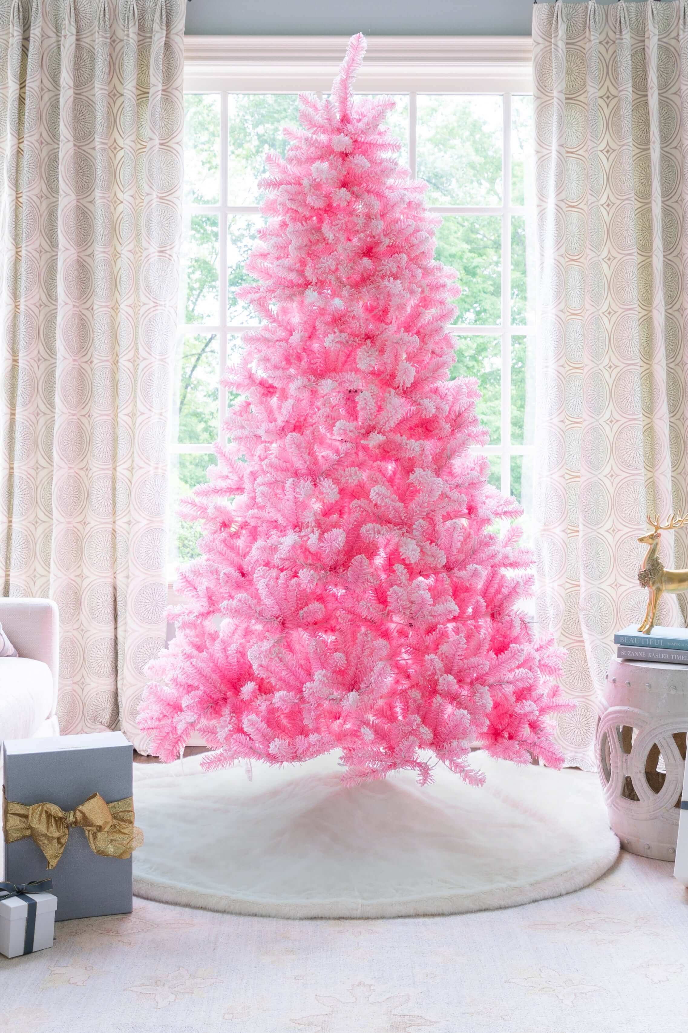 Pink Artificial Christmas Snow Tree With Lights |