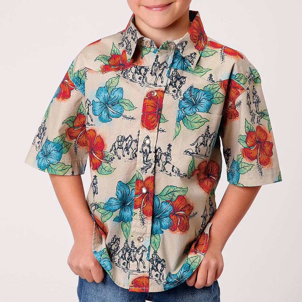 Roper Boy's Tropical Print Snap Shirt KIDS - Boys - Clothing - Shirts - Short Sleeve Shirts ROPER APPAREL & FOOTWEAR   