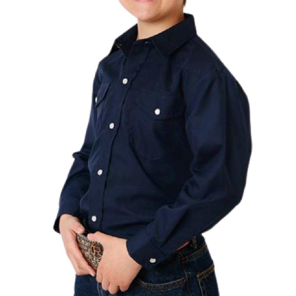 Roper Boy's Solid Broadcloth Navy Snap Shirt KIDS - Boys - Clothing - Shirts - Long Sleeve Shirts ROPER APPAREL & FOOTWEAR   