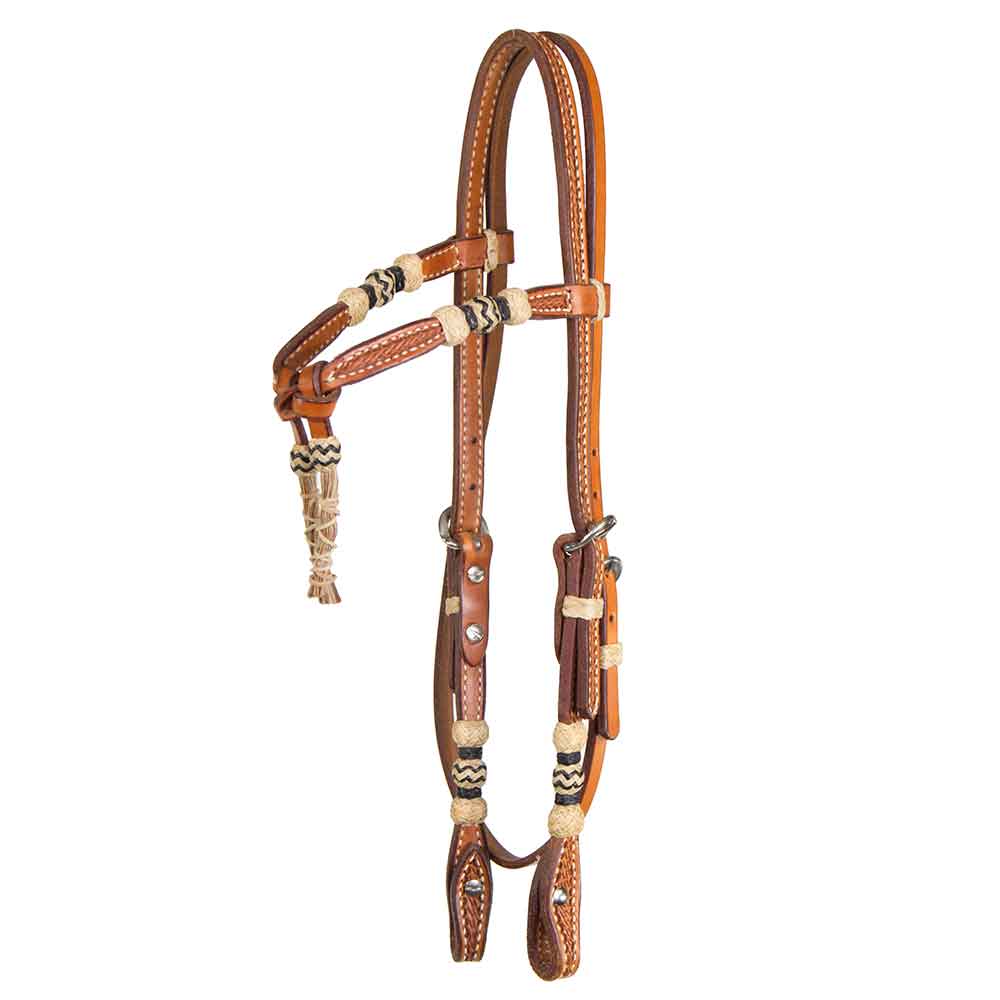 Teskey's Basket Stamped Crossover Headstall with Horse Hair Tassels Tack - Headstalls - Browband Teskey's Light Oil  