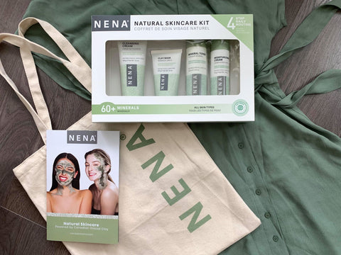 NENA Natural Skincare Kit with Nena tote bag laying on a green skirt