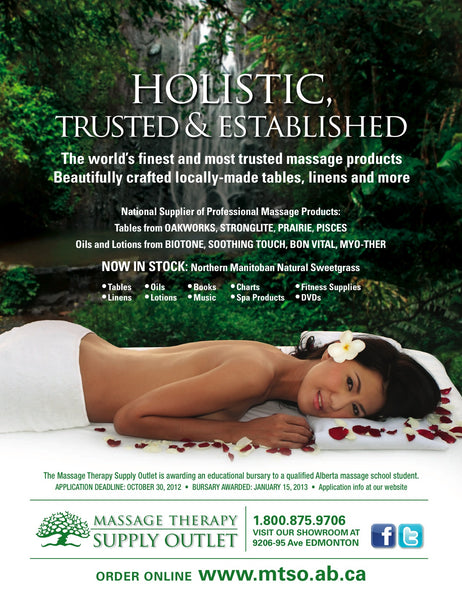 Massage therapy Supply Outlet ad with text "Holistic, Trusted & Established" outlining featured massage producs and suppliers