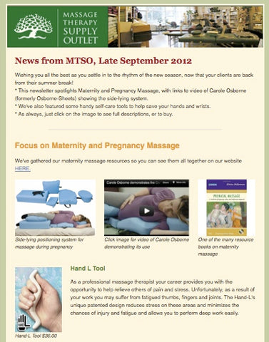 Massage Therapy Supply Outlet Newsletter for September 2012, with focus on maternity and pregnancy massage