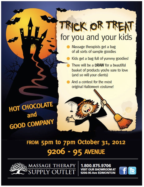 Halloween event at Massage Therapy Supply Outlet, trick or treat for you and your kids, with hot chocolate, costumes and goodies.