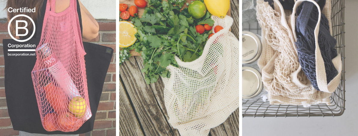 A woman with a coral rose string bag and a black tote over her shoulder, a natural colored mesh produce bag with vegetables peeking out, string bags and produce bags folded into a basket next to mason jars.