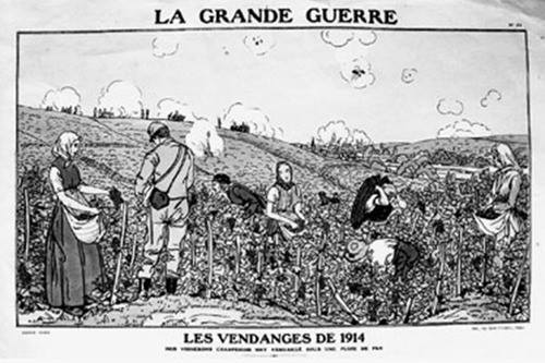 A drawing depicting the 1914 harvest under air attack. (Courtesy of Médiathèque, Epernay)