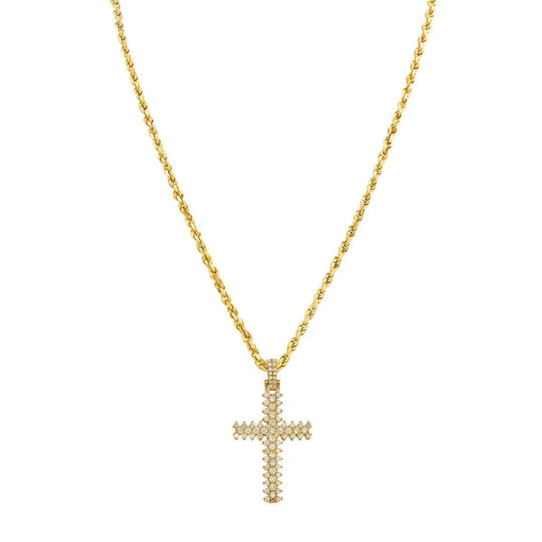 14k Yellow Gold Three Row Diamond Cross 