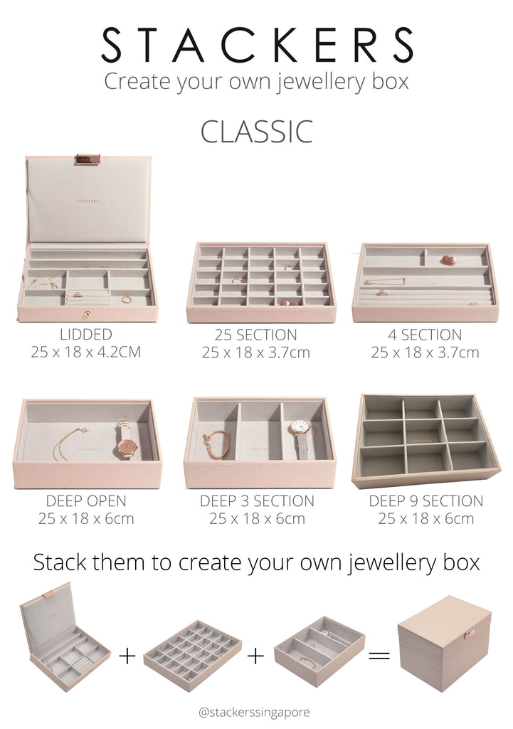 customise your own stackers jewellery box by mixing and matching the different jewellery layers according to your needs. we have 6 different layers for you to choose from