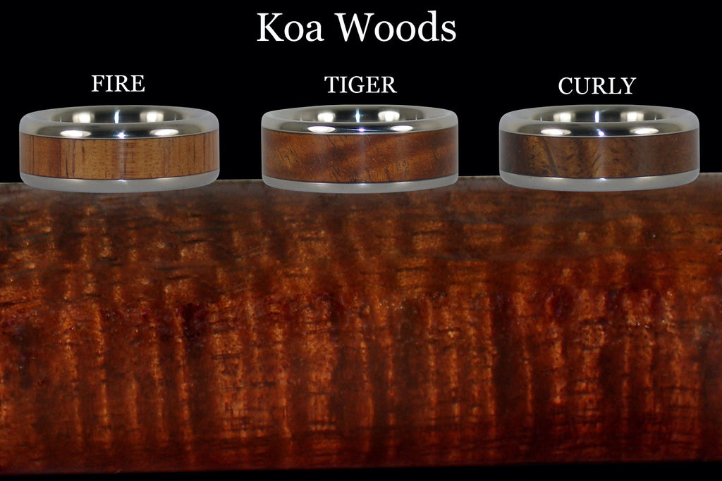 Different grains of Koa Wood - Fire, Tiger, Curly koa wood rings - close up of Koa wood grain