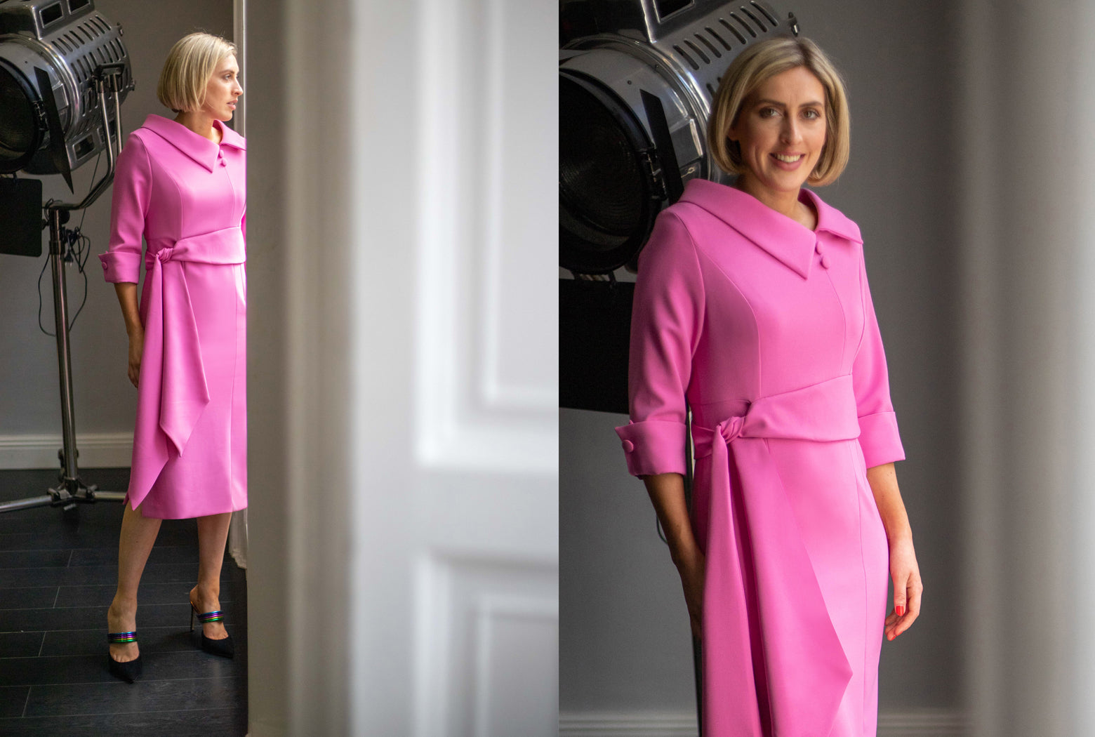 Heidi Higgins wearing the structured pink rena dress with sash sleeves and collar