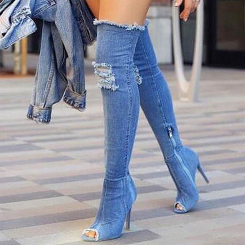 blue denim thigh high boots