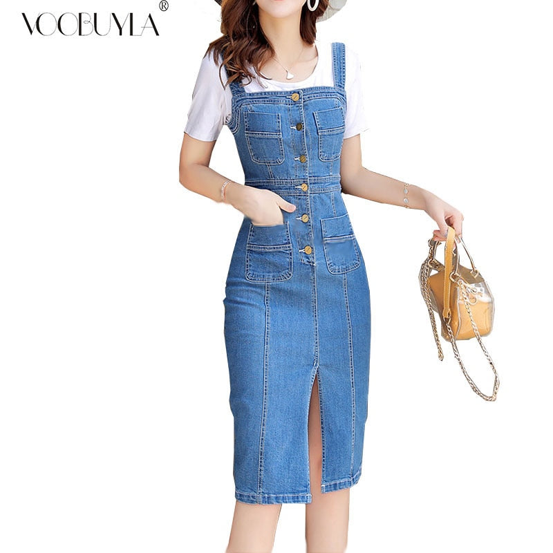 long overall dress denim