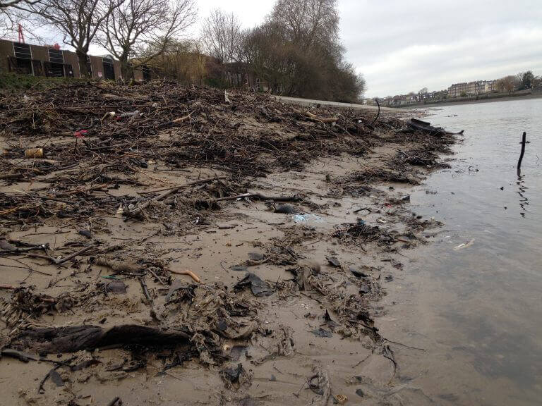 River Thames Wet Wipes and Trash on Shore
