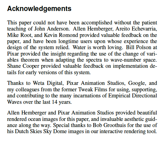 Acknowledgements - excerpt from the “Empirical Directional Wave Spectra for Computer Graphics” Paper by Chris Horvath 