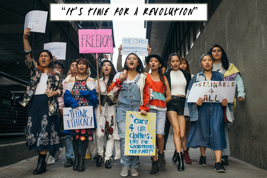 students protest with the Fashion Revolution
