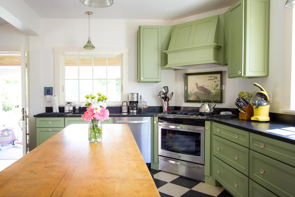 green kitchen cabinetry color checkered floor