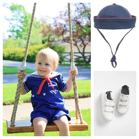 collage boys nautical navy sailor outfit with navy hat and white sneakers