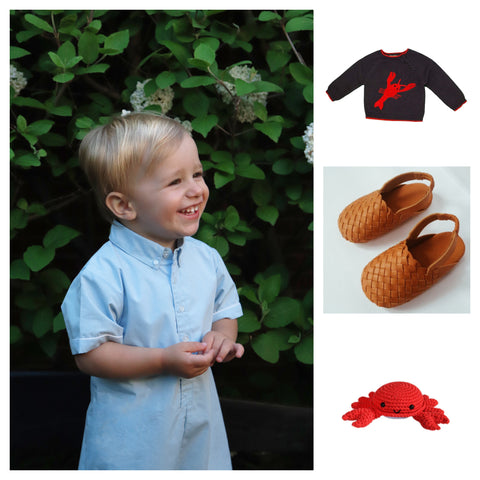 collage boys blue buttondown playsuit with lobster navy sweater and leather woven sandals and red crab rattle crochet toy