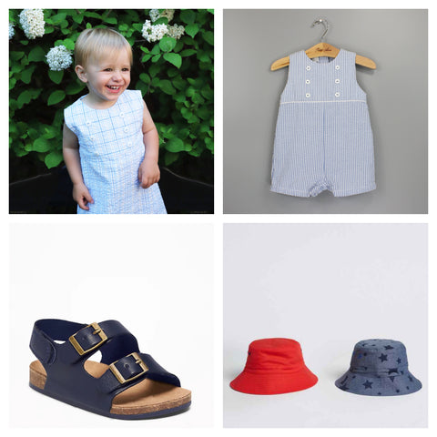 boys collage blue stripe and plaid playsuit with navy sandals and red and blue star bucket hats