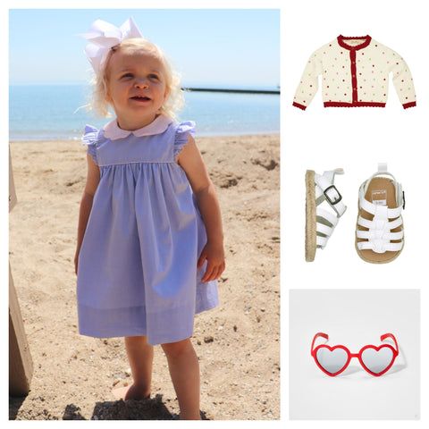 collage girls blue dress with collar and polkadot sweater and red Target heart sunglasses and white strappy sandals 