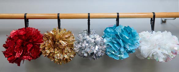 5 poms hanging from a railing with the pom pony