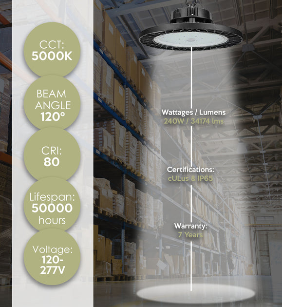 Details about   240 Watts UFO LED Light High Bay 5000K Warehouse Industrial Lighting AC 100-277V 