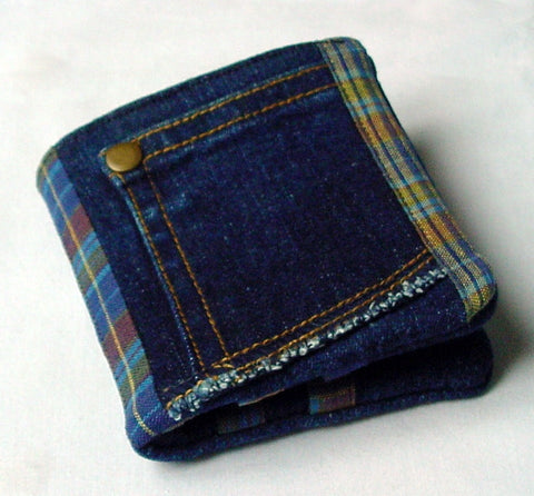 Indigo denim wallet handmade from repurposed jeans and cotton check fabric