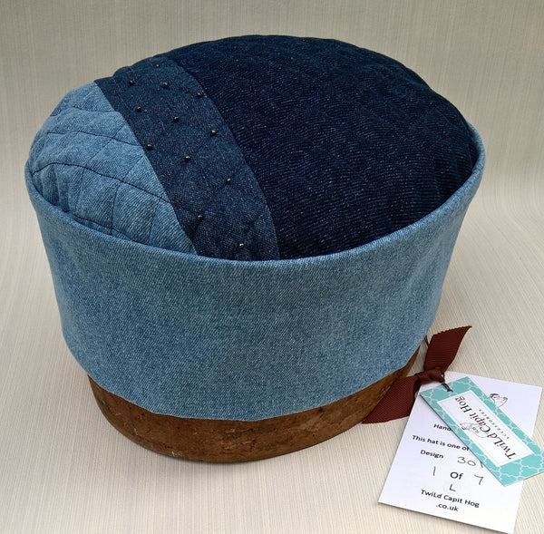 Patchwork pillbox hat handmade in shade of blue denim from limited collection by TwiLd Capit Hog