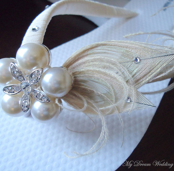 Ivory Bridal Flip Flops With Peacock Feather And Swarovski Crystals ...