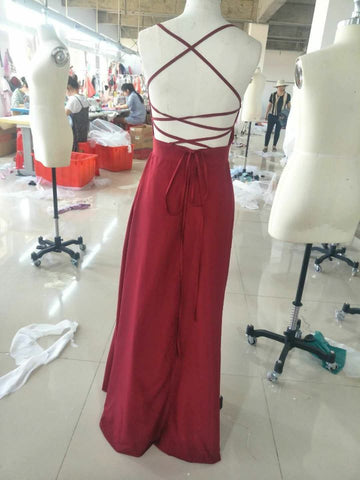 Red A-Line Spaghetti Straps Sleeveless Floor-Length Sexy Slit Prom Dresses PFP0171