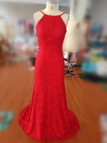 Simple Spaghetti Straps Backless Red Prom Dress,Long Mermaid Formal Dresses PFP0623