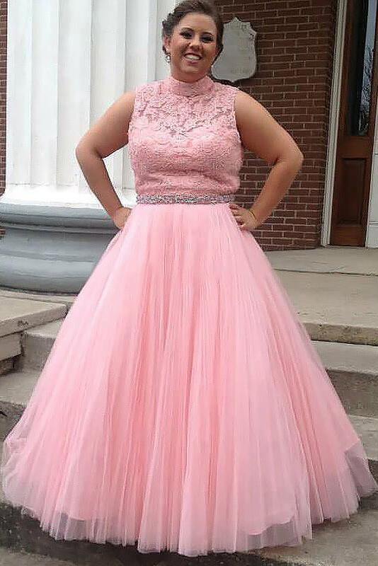Misbrug gasformig hierarki Pink Tulle High Neck Long Beading Plus Size Prom Dress With Lace Top P –  Promfast