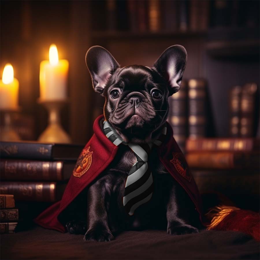 French Bulldog puppy sitting down in a cozy living room, wearing a Harry-potter-dog-costume.