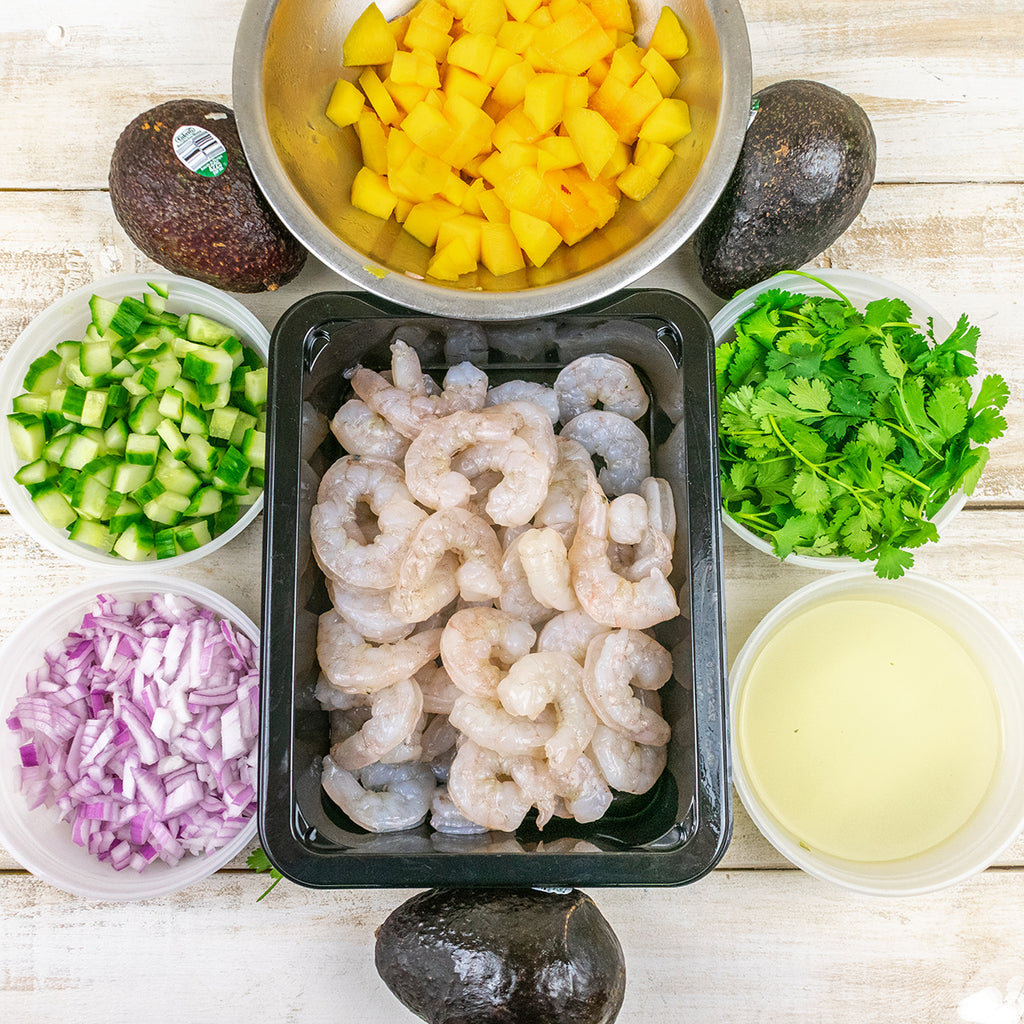 ingredients for shrimp mango ceviche with avocado