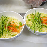 Garnish with the scallions, carrots and cucumbers