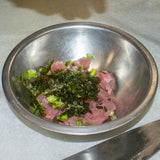 combine the tuna, sea salt, minced nori sheets, scallions, sea salt, olive oil