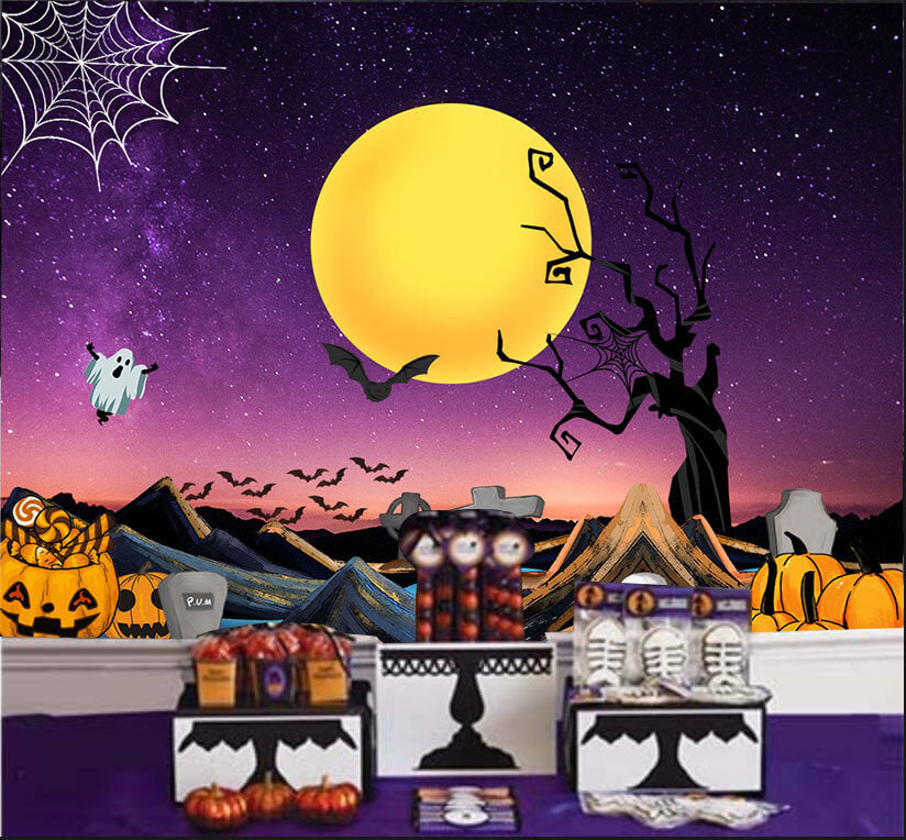 Trick Or Treat Party Banner Decor Photography Backdrop Halloween Tombstones Supplies Pumpkin Full Moon Night Photo Backgrounds Boys Girls Portrait