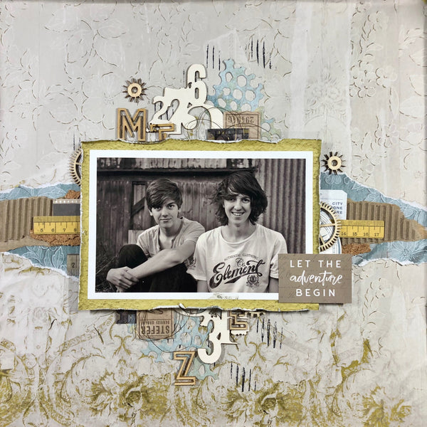 Two teenage boys on a vintage style scrapbooking layout 