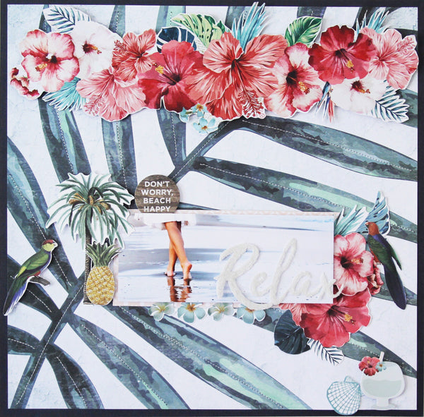 Tropical themed layout with a lady walking on the beach 