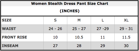 Women Stealth Dress Pant Size Chart