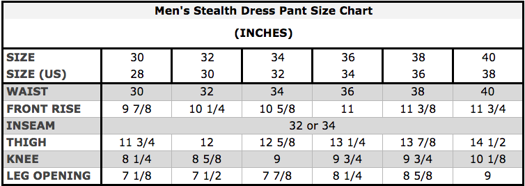 Men's Stealth Dress Pant Size Chart