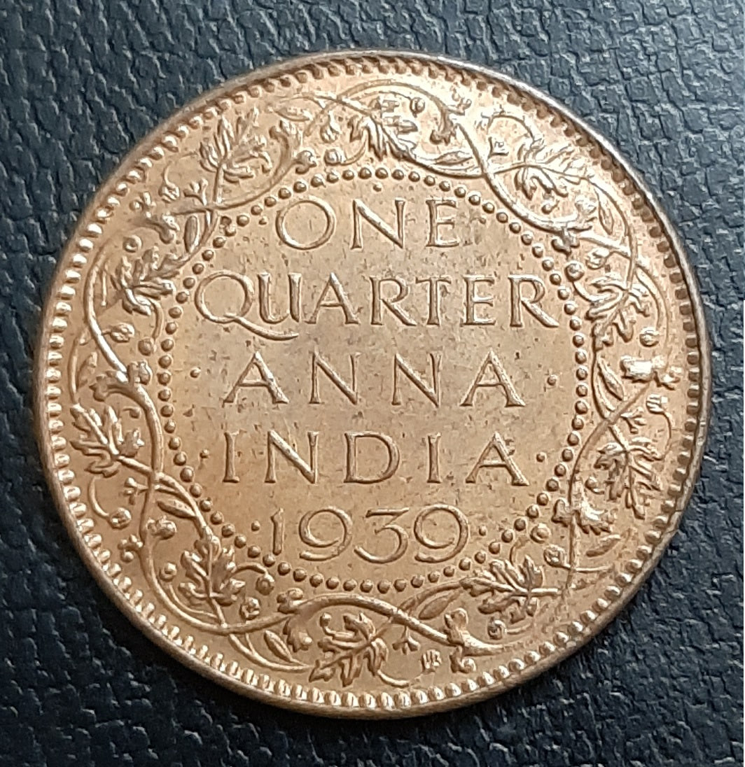 BRITISH INDIA KG VI ONE QUARTER ANNA COPPER COIN,1938,UNC 